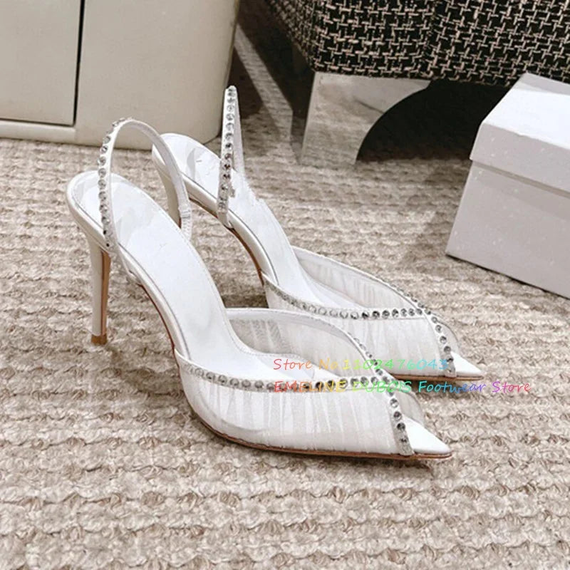 Mesh Peep Toe Sandals Slip-On Stiletto Summer Shoes Sweet Fashion Style High Heels for Women Designer Rhinestone Sandals