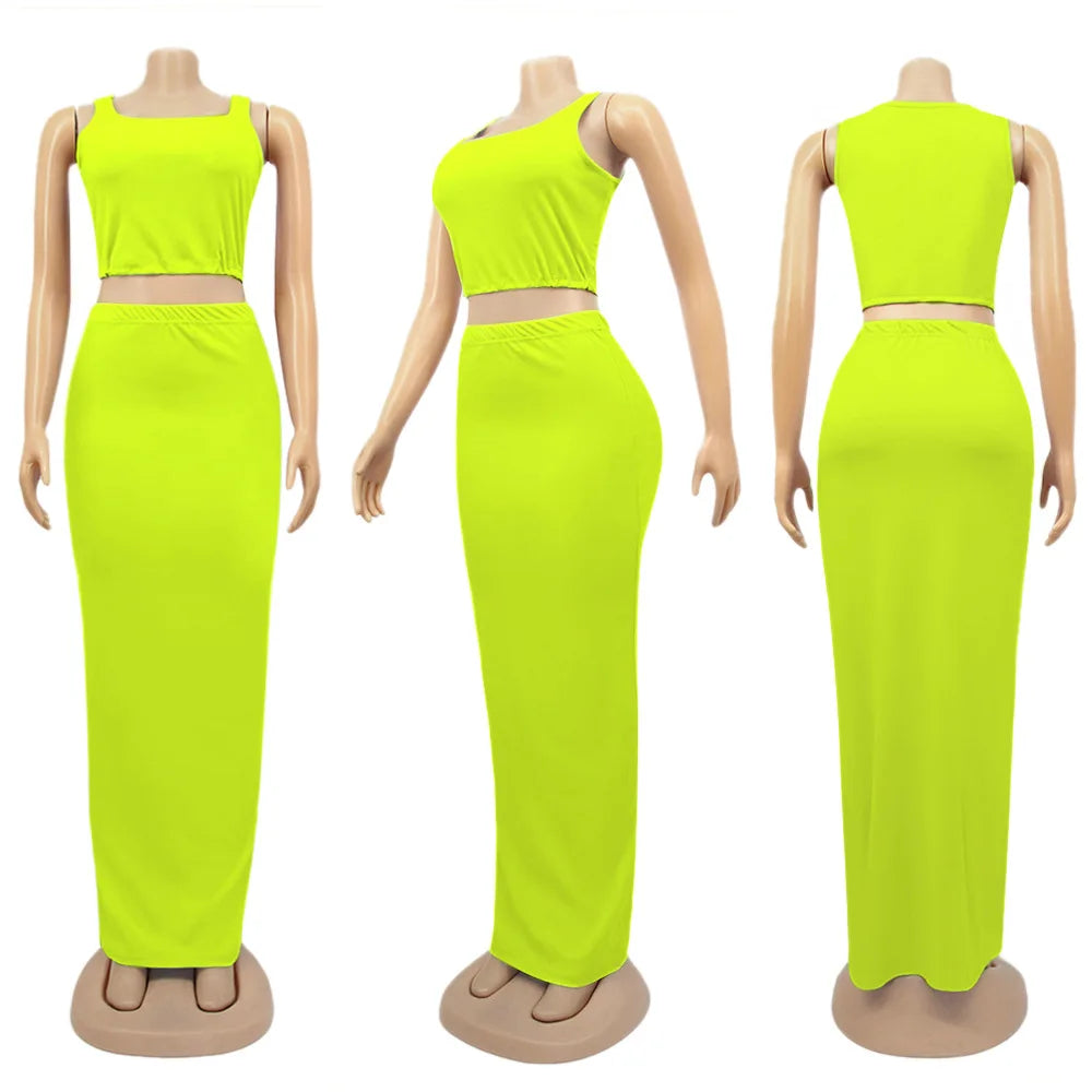 CM.YAYA Women Set Solid Sleeveless Strap Square Collar Crop Tops Stretchy Long Skirts Two Piece Set Sexy Fashion Outfits Summer