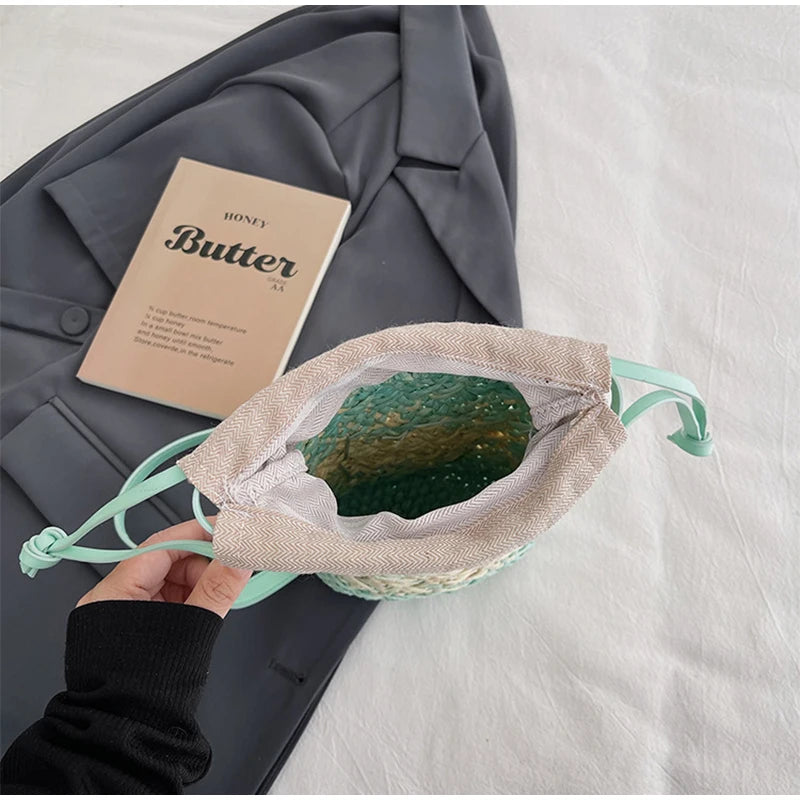 Brand Gradient Raffia Crossbody Bag Straw Drawstring Bohemian Summer Beach Travel Design Shoulder Bag Shop Basket Crossbody Bag