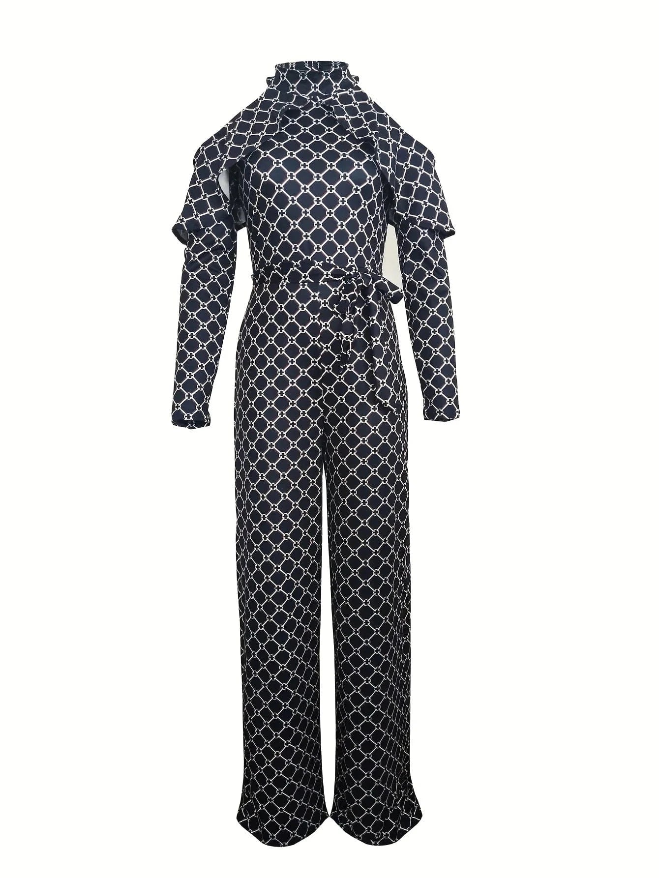 Plaid Print Rompers Womens Jumpsuit Off Shoulder Ruffles Long Sleeve Bandage Overall Elegant Belted Plus Size Wide Leg Bodysuit
