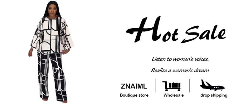 Znaiml Fashion Printing Wide Leg Pants Sets for Women O Neck Long Sleeve Loose Top and Trousers Two Pieces Streetwear Outfits