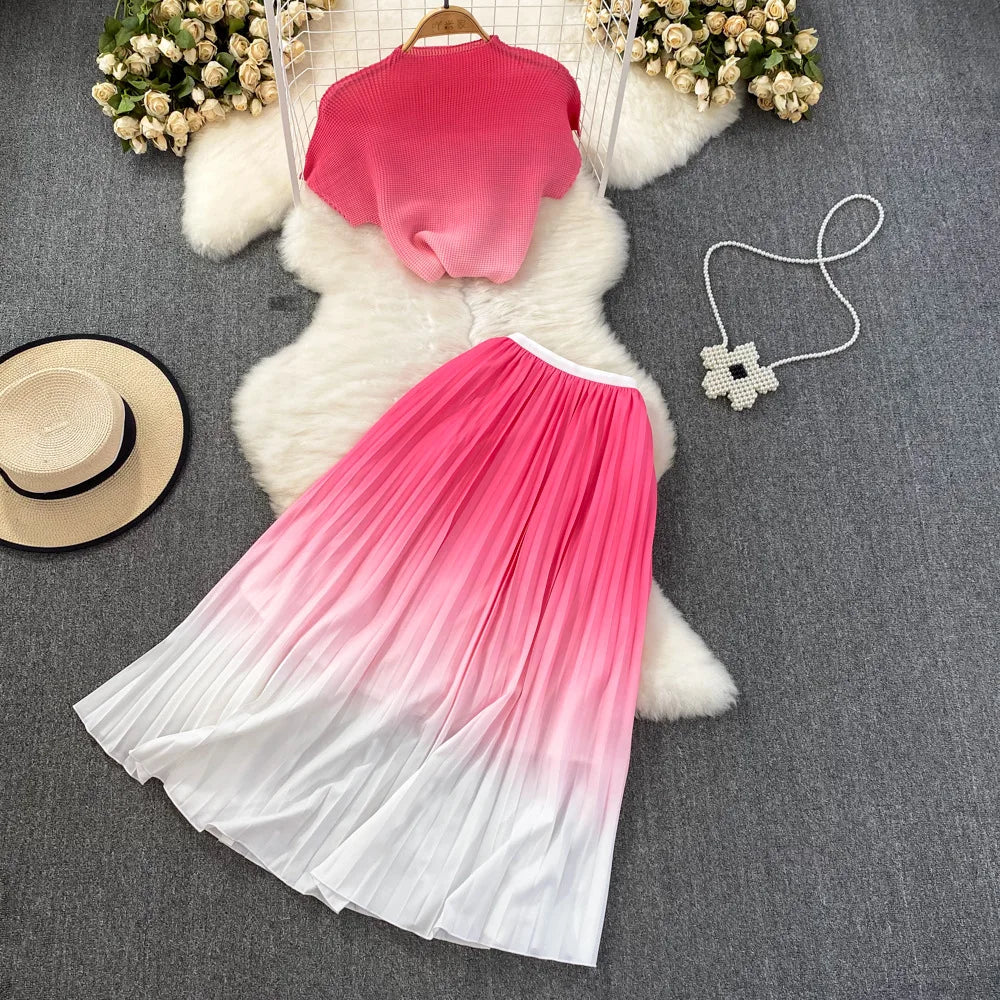 Summer Contrast Color Miyake 2 Pieces Set Women's Short Sleeve High Stretch Pullover Shirt Top+Long Pleated Chiffon Skirt Suit