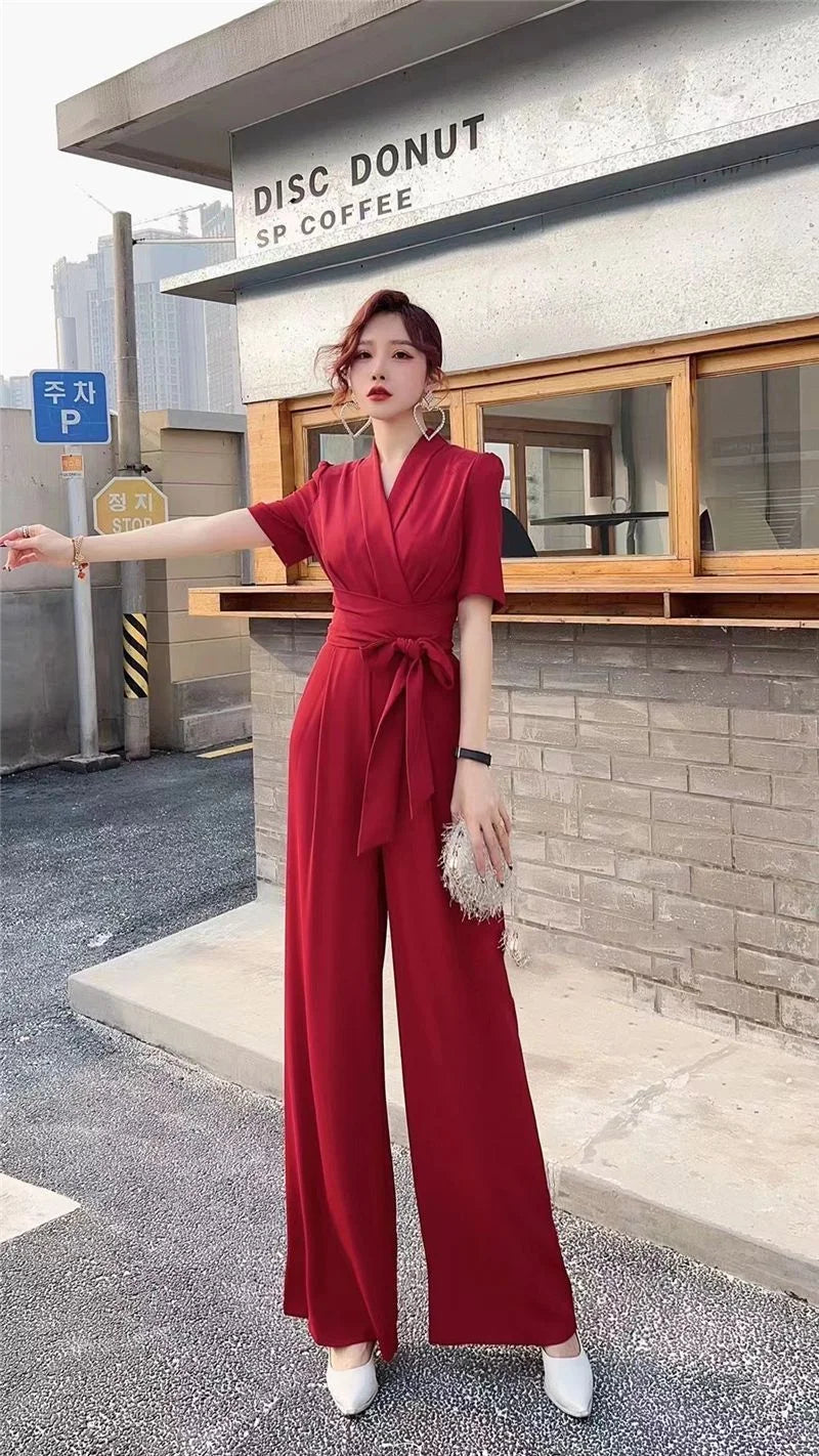 Jumpsuits Summer New High end Jumpsuit Women's Elegant Solid Color High Waist Slim Lace up Wide Leg Dropping Bodysuit Women Sets