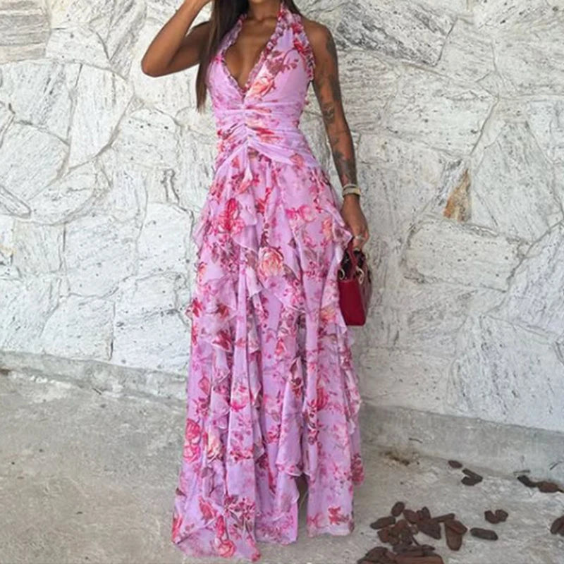 Lady Sexy Halter Floral Print Long Dress 2025 Summer Ruffles Hollow Out Slim Party Dress Fashion Sleeveless High Waist Dresses