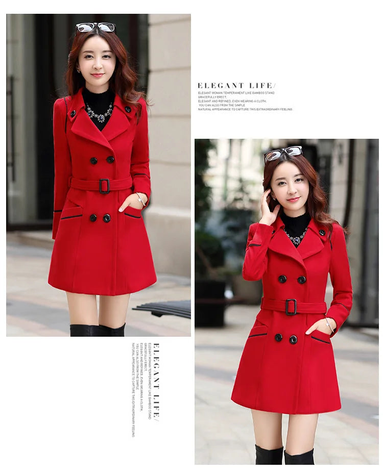 Autumn Winter Women Wool Coat 2024 Ladies Woolen Long Coat Female Fashion Slim-fit Double-Breasted Jacket with Belt S-3XL