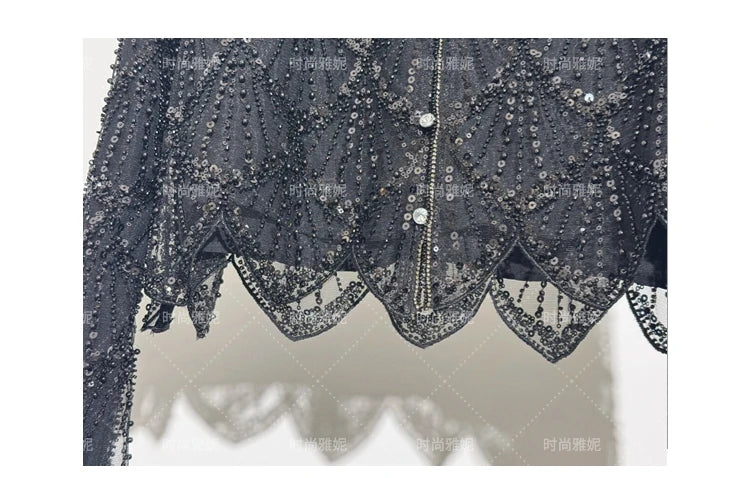 Fashion New Fashion Long-sleeved Sequined Pearl Bead Cardigan Women's Top High-waisted Skirt 2-piece 2025 Spring New Skirt Sets