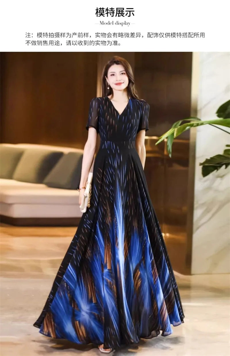 Pendant Sense Dress for Women Summer 2024 New Fashion High end, Elegant Slim and Waist Up V-neck Chiffon Dress Long Dress 4XL