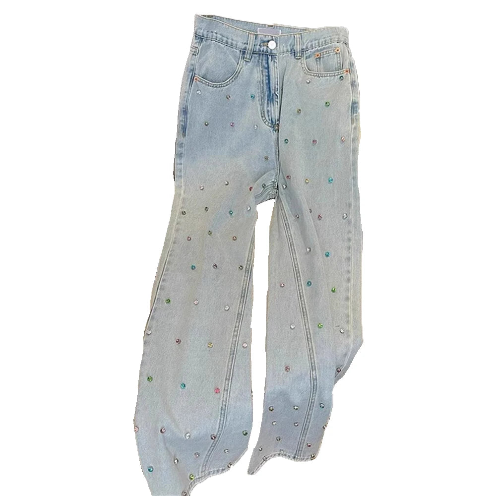Women Diamonds Denim Pant Korean Fashion High Street Straight Ankle-Length Jeans Spring Autumn All-Match Office Lady Long Pants