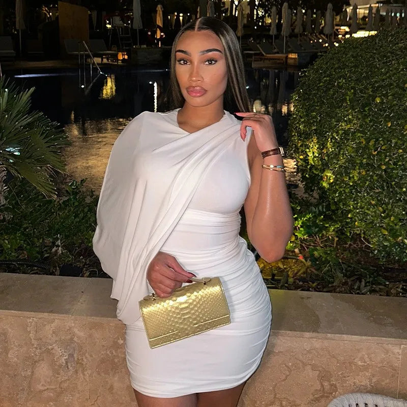 Joskaa Elegant Pleated O-Neck Asymmetric Single Sleeve Body-Shaping Mini Dresses for Women 2025 Summer Holiday Party Clubwear