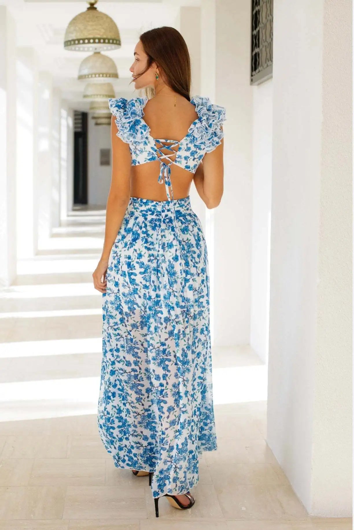 Summer Spring Women's Clothing Dress Hollow Out Slim Deep V Ruffle Edge Floral Backless Dress Loose Maxi