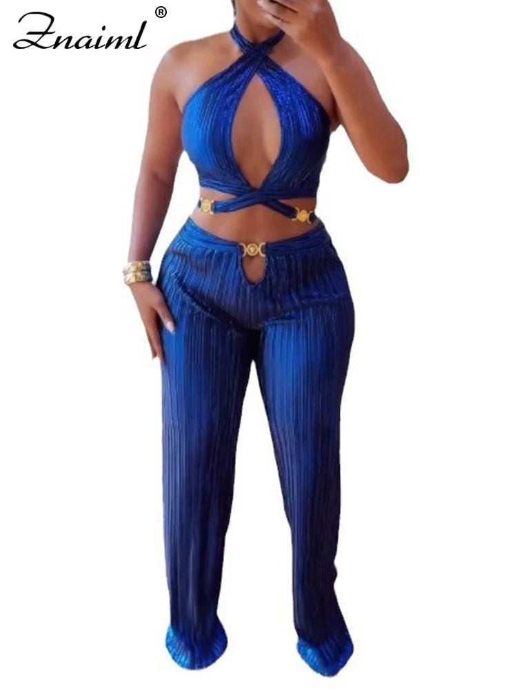 Znaiml Sexy Hollow Out Bandage Halter Sleeveless Backless Crop Tops and Wide Leg Pants Two 2 Piece Sets Women Night Club Outfit
