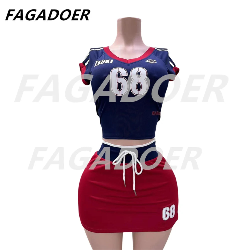 FAGADOER Y2K Letter Print 2 Piece Sets Women Outfit Fashion V Neck Crop Tops And Drawstring High Waist Skirt Hot Girl Streetwear