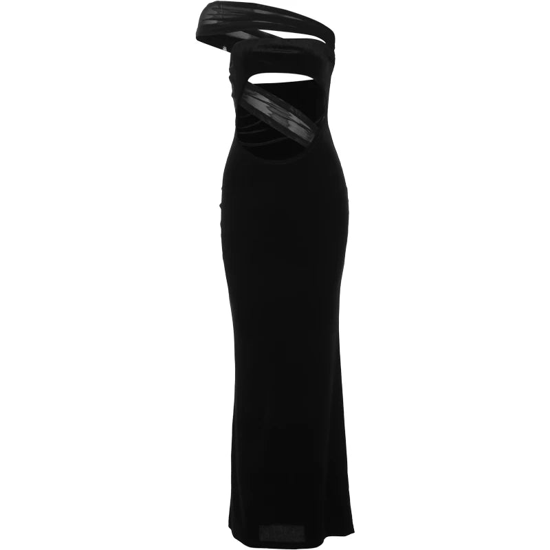 Weird Puss Diagonal Collar Sexy Dress Women Y2K Summer Trend Hollow Mesh Patchwork Midnight Birthday Party Clubwear Maxi Bodycon