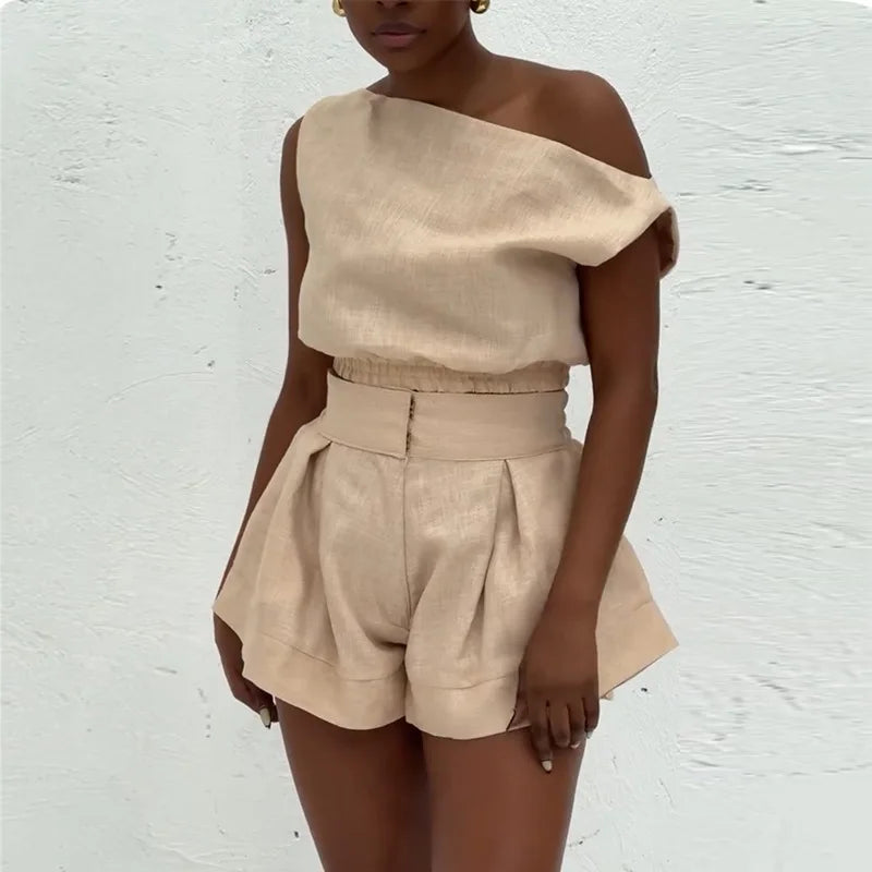 Joskaa Casual 2 Piece Sets Women Off Shoulder Sleeveless Shirt Tops and High Waist Wide Leg Shorts Matching 2025 Streetwear