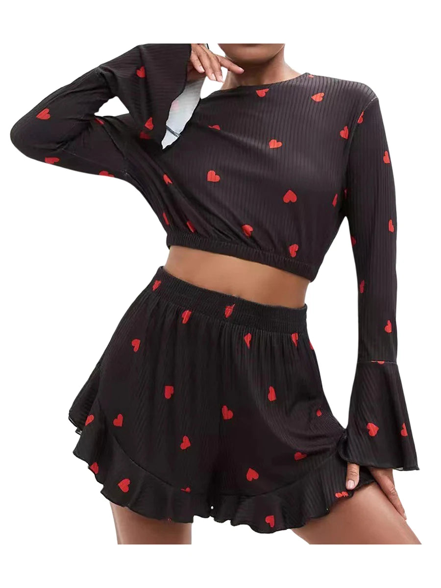 Women 2 Piece Pajamas Set Valentine's Day Heart Print Crop Long Sleeve Tops and Elastic Ruffled Shorts for Loungewear Sleepwear