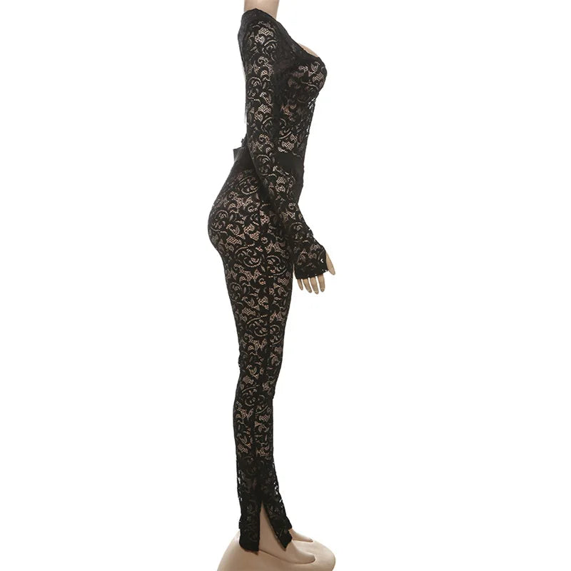 Lace See Through 2 Piece Set Women 2024 Autumn Sexy Hollow Jacquard Backless Bodysuit Leggings Party Clubwear Skinny Outfits
