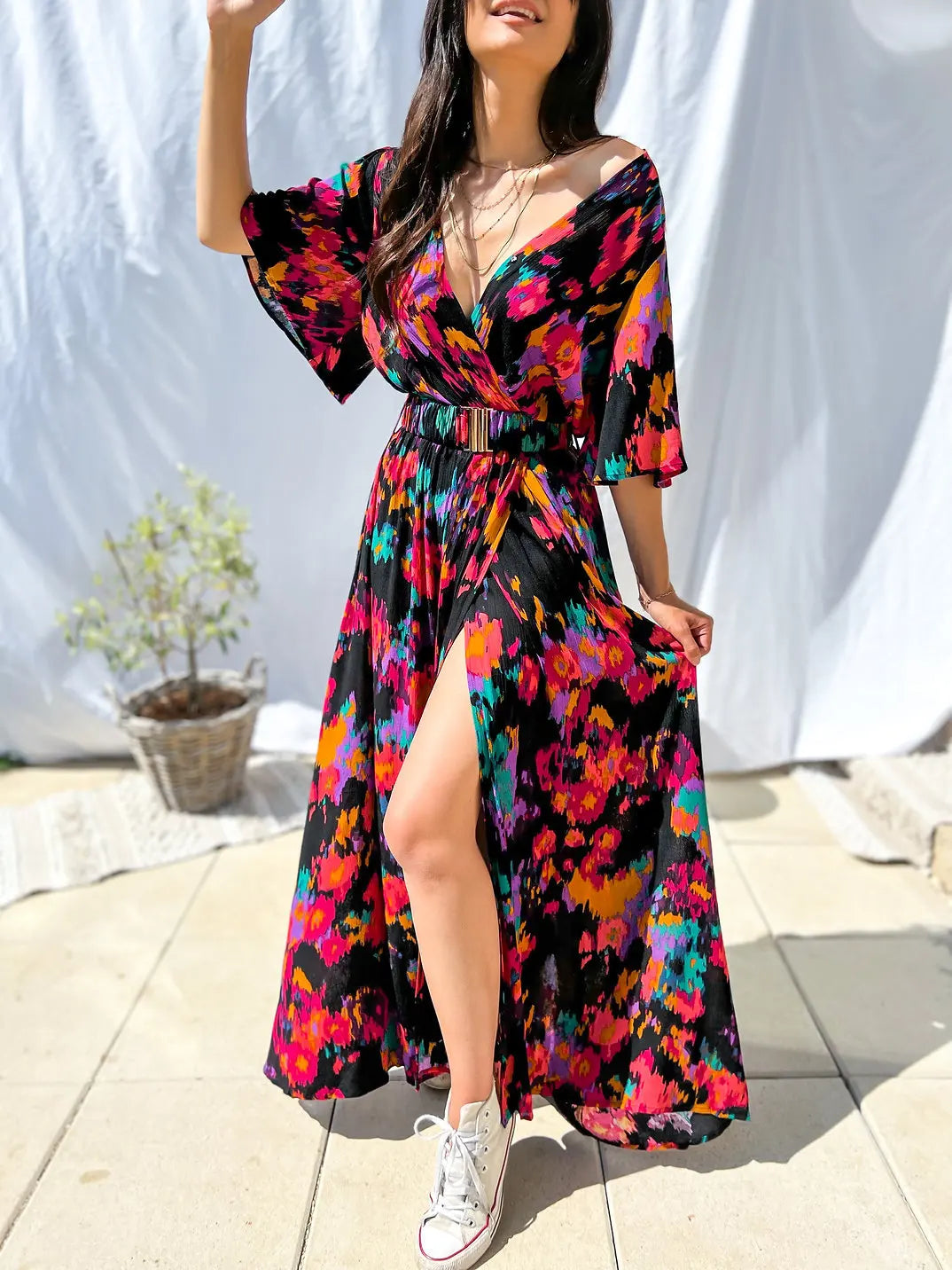2023 Summer Elegant V-Neck Belt-Printed Long Dress From Amazon's Independent Store Wish Asia Exquisite Craftsmanship Slim Fit