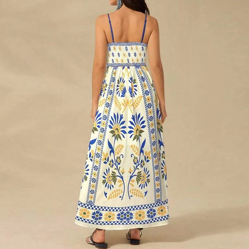 Sexy Women's Off Shoulder Summer Long Dress Casual Bohemian Pleated Sling Dress Graffiti Printed High Waist Beach Dress Vestidos
