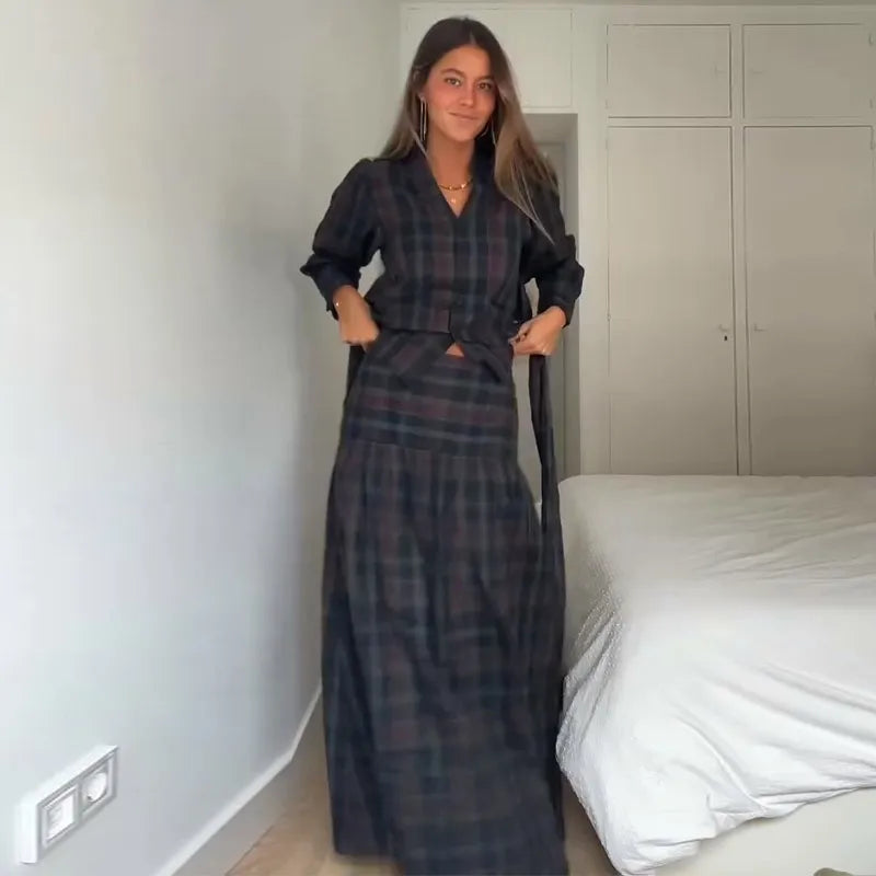 Vintage Plaid Women's Skirt Set V-neck Puff Sleeve Waist Belt Cinched Floor-length Skirt Suit Woman 2026 Spring Evening Outfits
