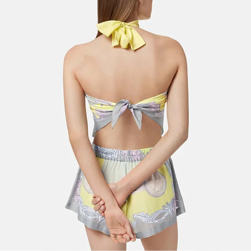 Pattern Printed Sleeveless Hollow Two Piece Set Summer Bohemian Women Holiday Outfit Casual Halter Lace Up Top+Shorts Beach Suit