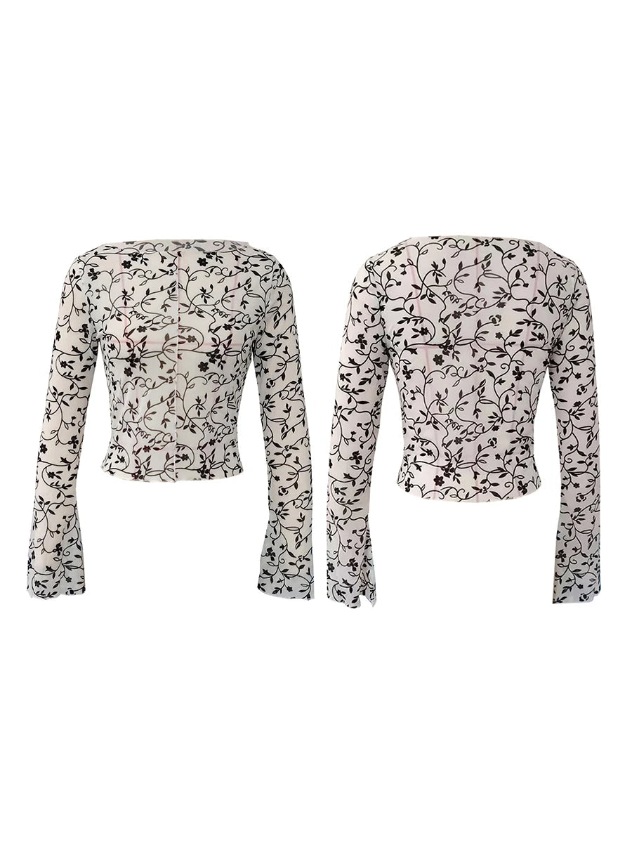 Women'S Sheer Mesh Top With Long Sleeves Flared Sleeves Floral Print Slim Fit T-Shirt Boat Neck Print Mesh Long Sleeved Shirt