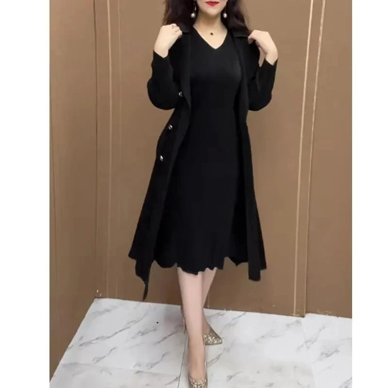 Spring Autumn Fashion Slim Pleated Suit Collar Fake Two Piece Windbreaker Coat Comfortable Waist Shrinking Elastic Dress Belt