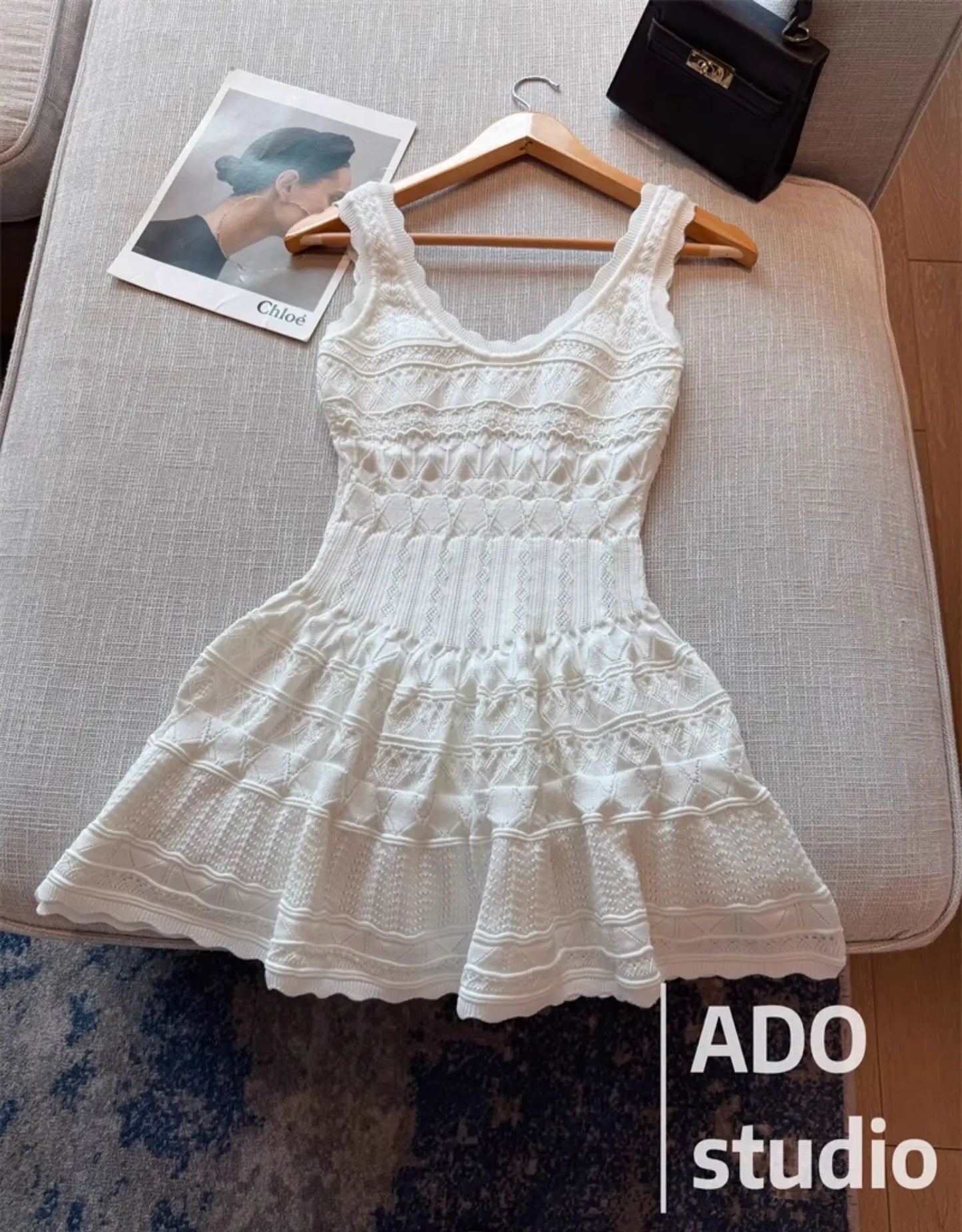 White Sweet A-line Ruffle Edge Knitted Vest Dress Women's Summer French Fashion Slim Temperament Sexy Girl Hollow Short Dress