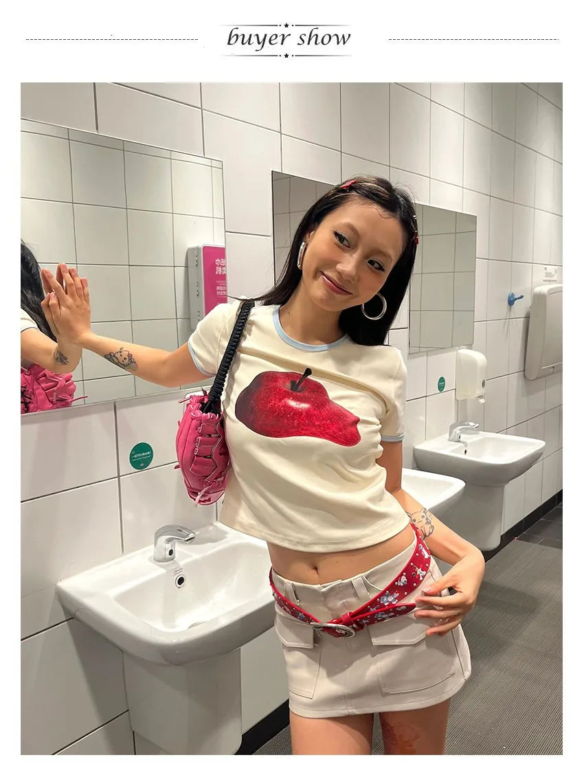 Karrram Japanese Y2k Apple Print T-shirt Vintage 2000s Style Crop Top Harajuku Aesthetics Short Sleeve Tee Shirt American Retro