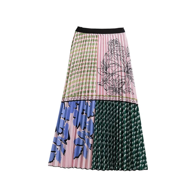 Casual Floral Midi Pleated Skirt For Women Fashion Printed Flower A Line Elastic High Waist Mid-length Skirt Female Ladies falda