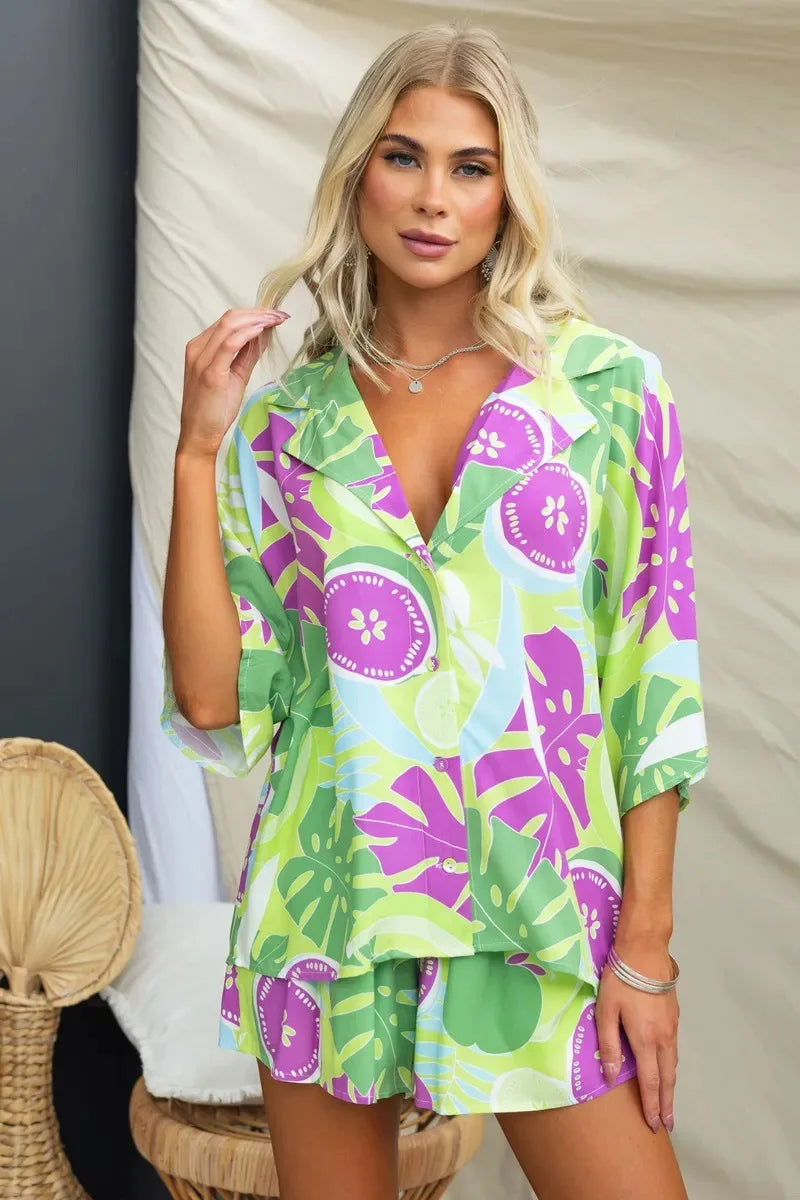 Summer Women Retro Print Short Sleeve 2PCS Loose Suits Casual V-Neck Shirt Top Elastic Waist Short Pants Sets Beachwear