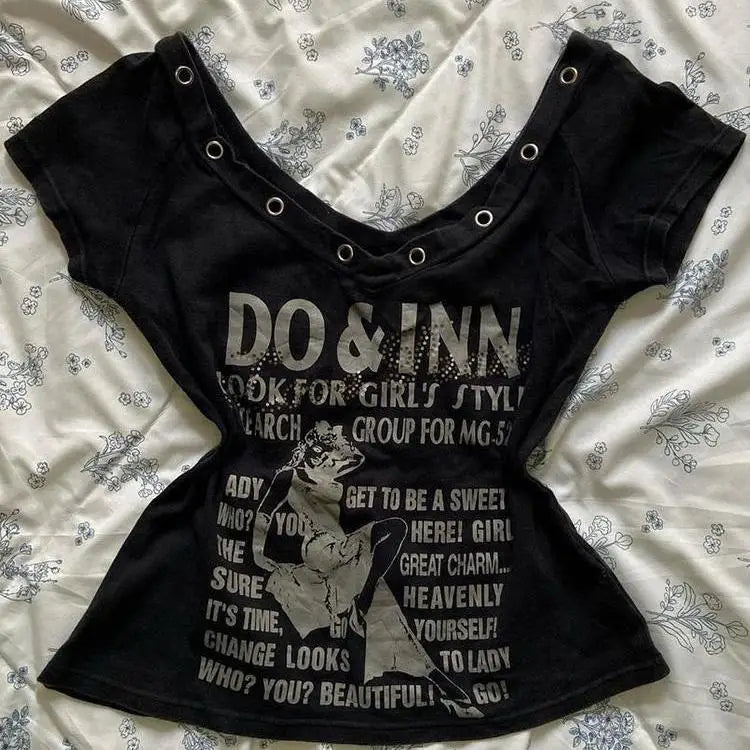 Millennial Retro Black Letter T-Shirt Gothic Rock Punk Short-sleeved Two-piece Set Harajuku Style Y2k Hip Hop Hot Girl Top