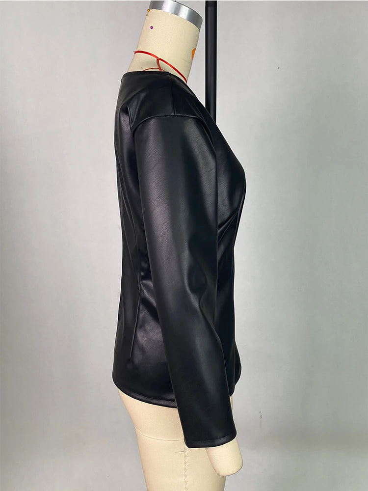 Women PU Leather Round Neck Long Sleeve Blouse Tops Pullover Loose PU Clothes Streetwear Windproof Motorcycle Clothing