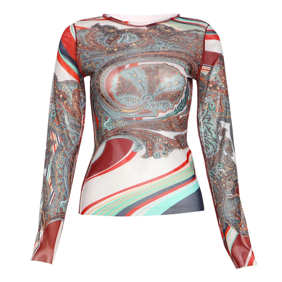 Weird Puss Colorful Print Women Crop Tops See Through 2025 Spring Full Sleeve Stretch Wild Basic Streetwear Hipster Skinny Tops