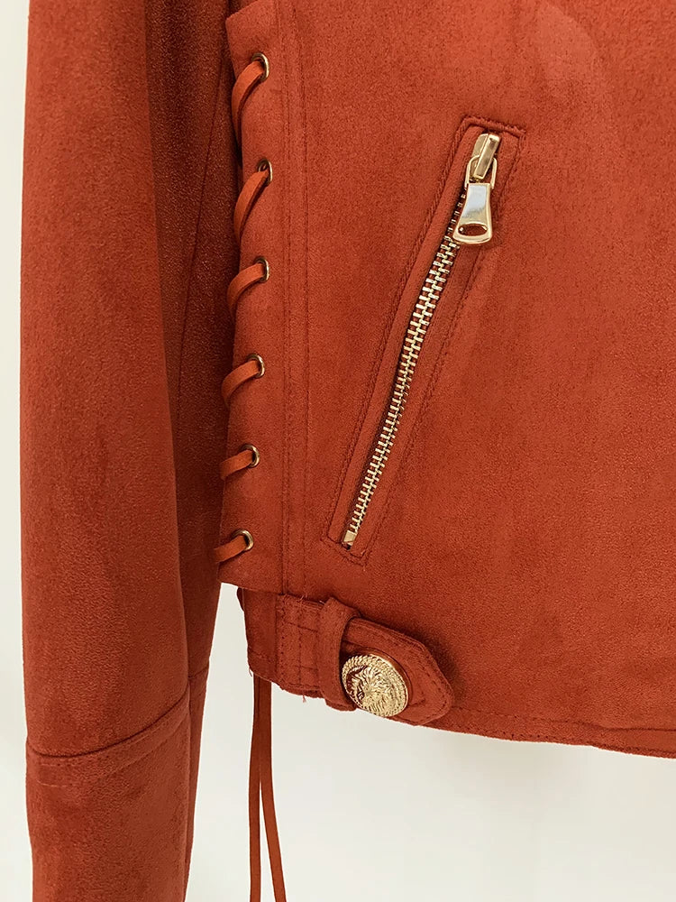 HIGH STREET Newest 2024 F/W Designer Jacket Women's Rope Lacing Up Logo Beaded Synthetic Suede Leather Motorcycle Biker Jacket