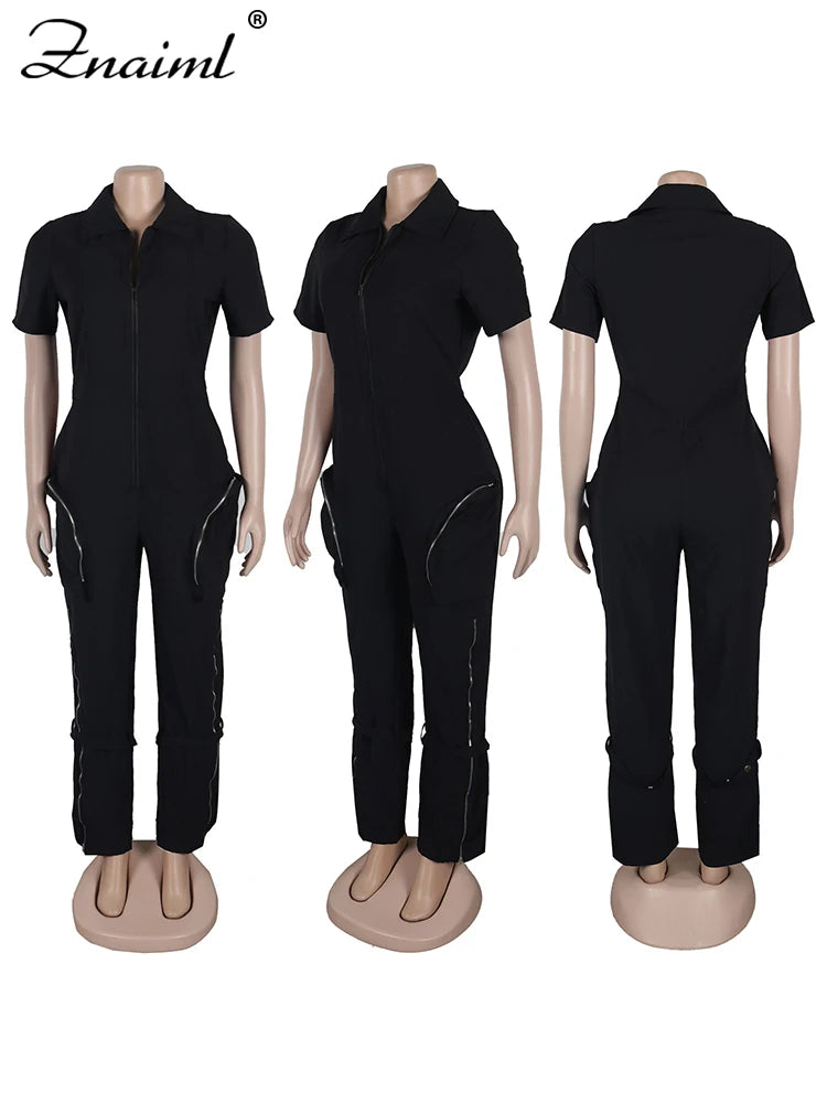 Znaiml Safari Style Short Sleeve Zipper Pocket Jumpsuit Women Fashion Cargo Pants One Piece Overalls Streetwear Playsuit Rompers