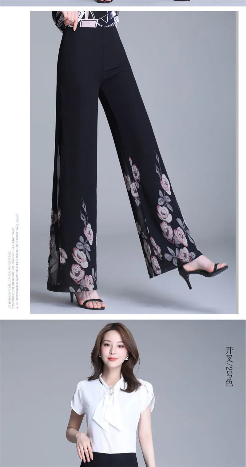 Double Layer Printed Chiffon Wide Leg Pants For Women's Summer New High Waisted Loose Dance Swing Pants Drooping Skirt Pants LA