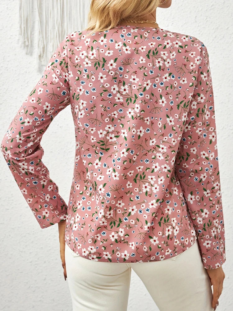Spring Summer Fashion V-Neck Women's Floral Print Pleated Detail Shirt Street Casual Wear