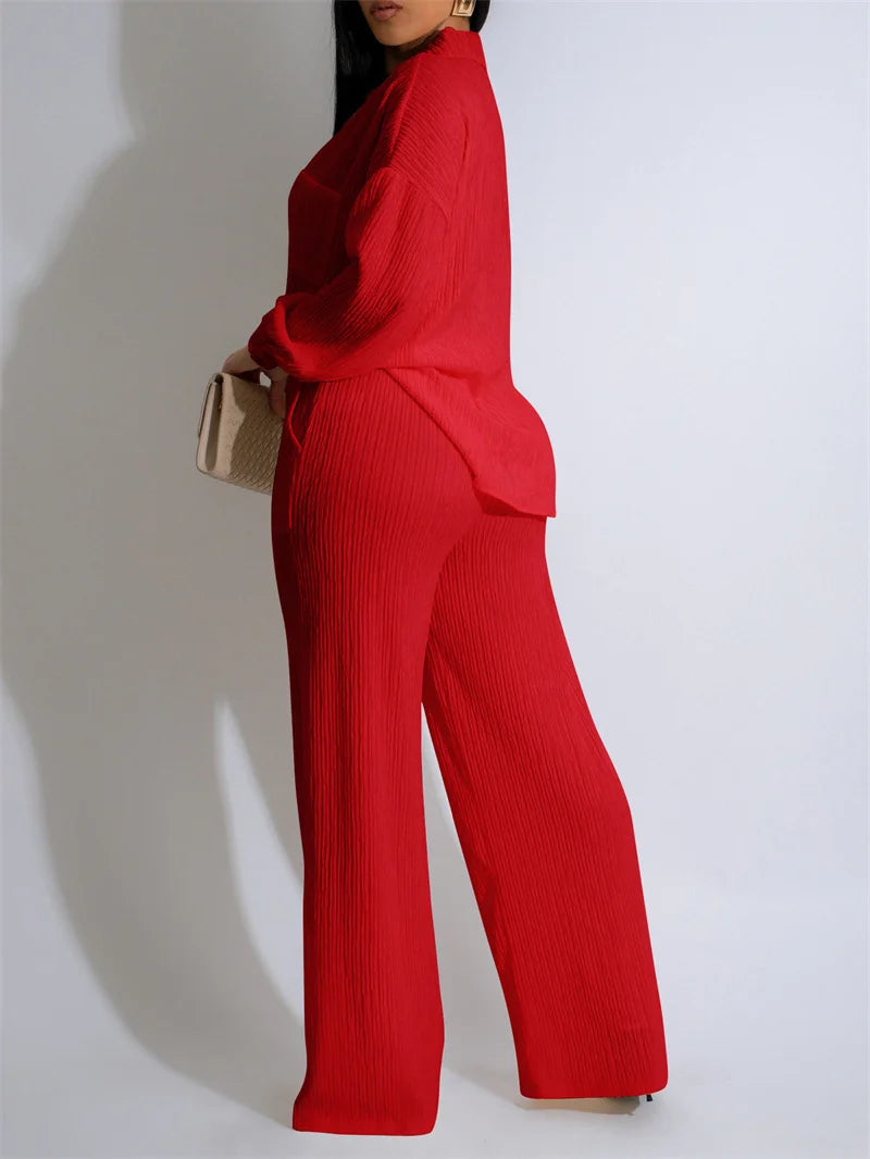 Doyerl Solid Casual Loungewear Sets Woman Two Piece Outfit Loose Fit Long Sleeve Shirt Top and Wide Leg Pants Matching Sets