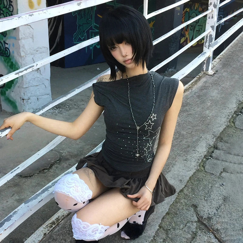 Karrram Japanese Y2k Off Shoulder T-shirt Trashy 2000s Style Rhinestones Sleeveless Top Vintage Harajuku Crop Top American Retro