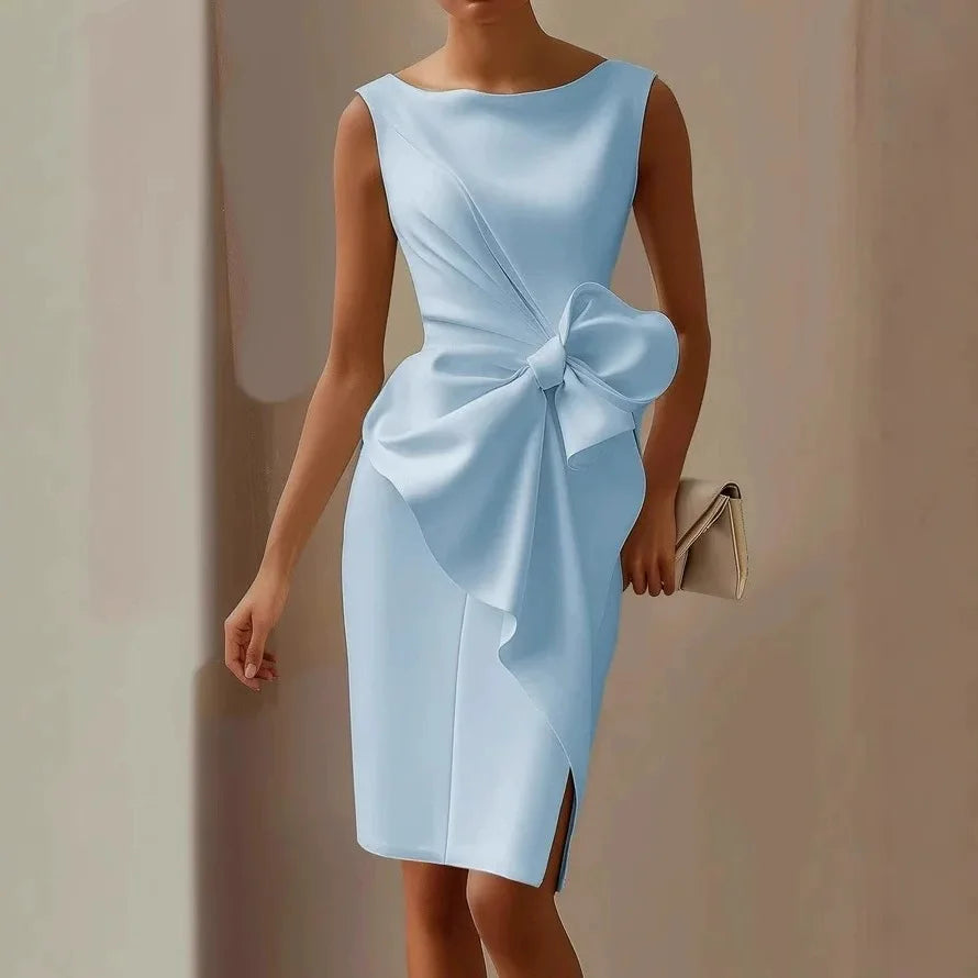 2025 Women's Dress O-neck Sleeveless White Elegant Bow Slim Party Red Evening Slit Vest Skirt