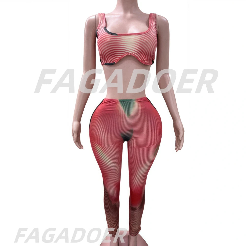 FAGADOER Fashion Stripe Patchwork 2 Piece Sets Woman Outfit Gradient Backless Vest Top + Skiny Pants Suit Female Jogger Clothing