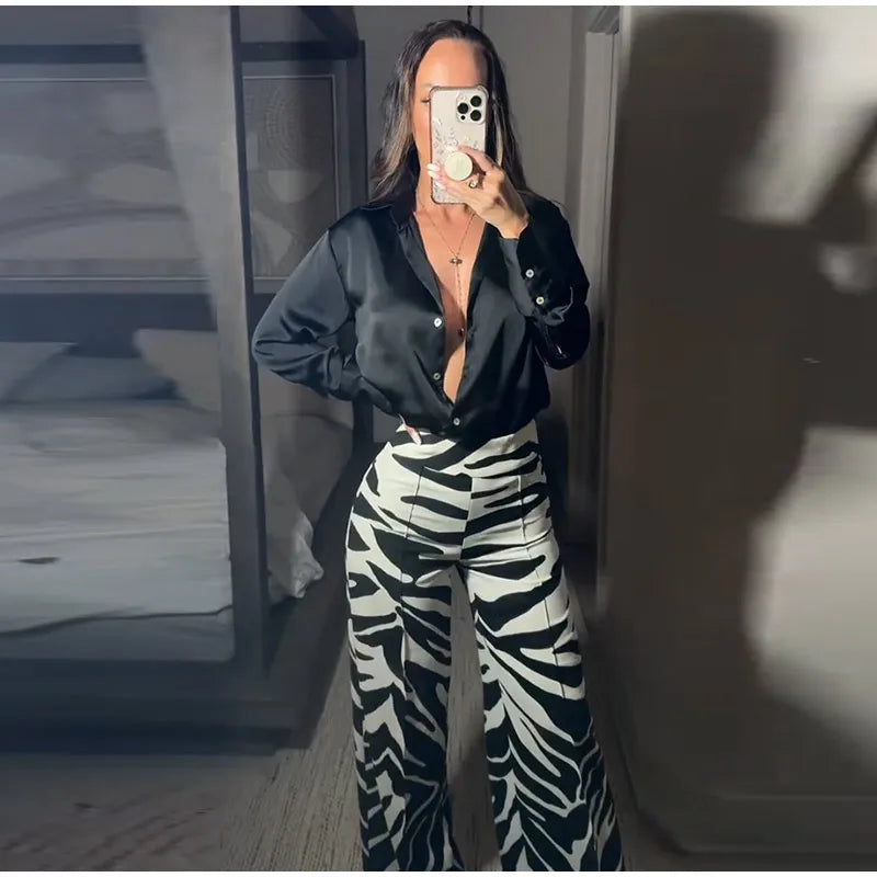 Zebra Print Wide Leg Women Pants High Waisted Stretch Fit 2025 Autumn Fashion Elegant Casual Bottoms Office Chic Lady Trousers