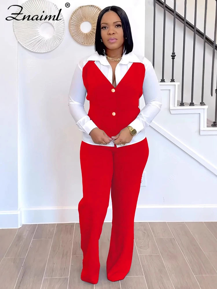 Znaiml Elegant Office Women's Long Sleeve Patchwork Vest Shirt and Straight Pants Two 2 Piece Sets Work Suits Matching Outfits