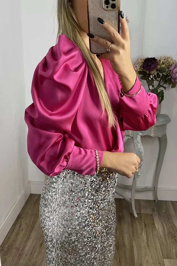 Spring Solid Color Commute Satin Shirt Pullover Fashion V-Neck Puff Long Sleeve Blouses Female Temperament Pleated Ruffled Tops