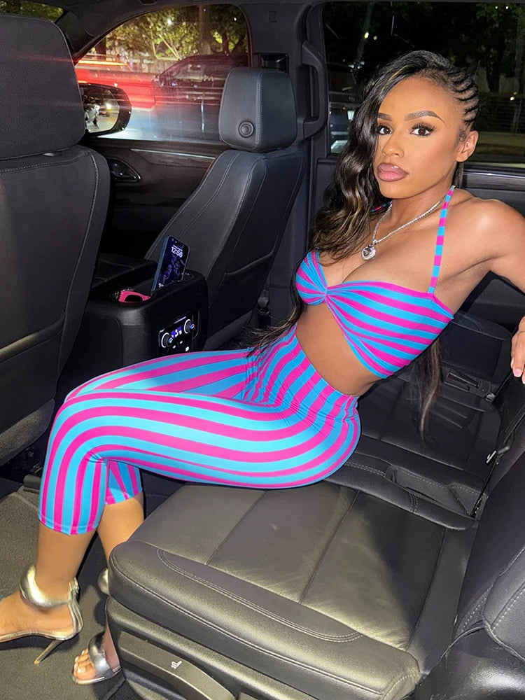 Weird Puss Sexy Stripe Patchwork 2-Piece Set Women Halter Chest Wrapped Camisole+Skinny Mid Pants Matching Hottie Beach Outfits