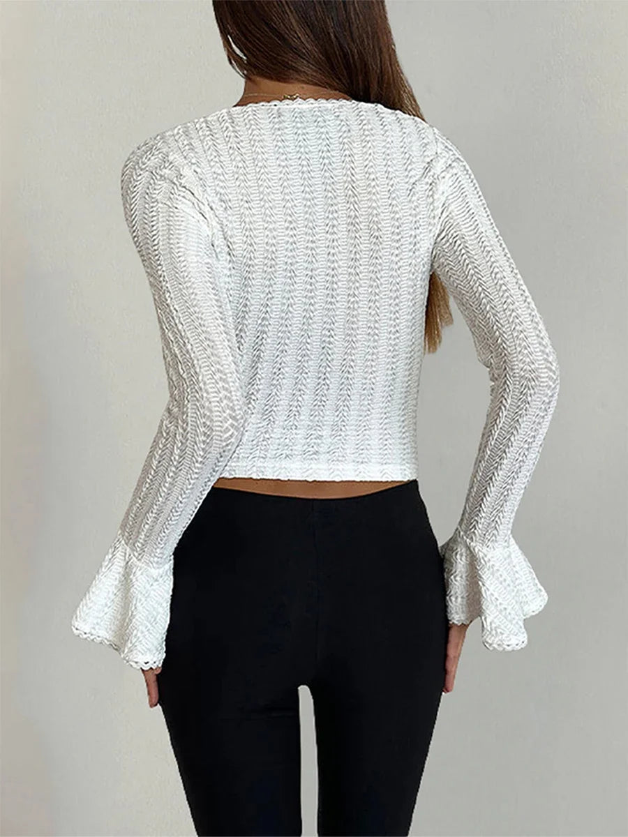 Women's Solid Color T-Shirts Autumn Textured Picot Trim Scoop Neck Long Bell Sleeves Slim Fit Crop Tops Female Casual Pullovers
