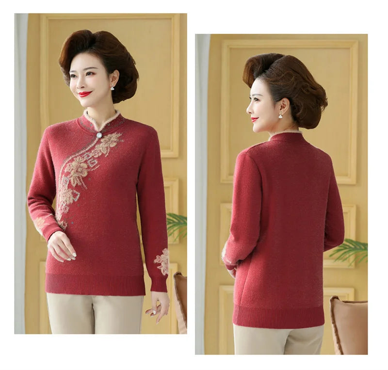 2025 Autumn New Mom's Velvet And Warm Knitted Embroidered Bottom Shirts Imitation Mink Fleece Winter Inner Plsh Thick Pullover