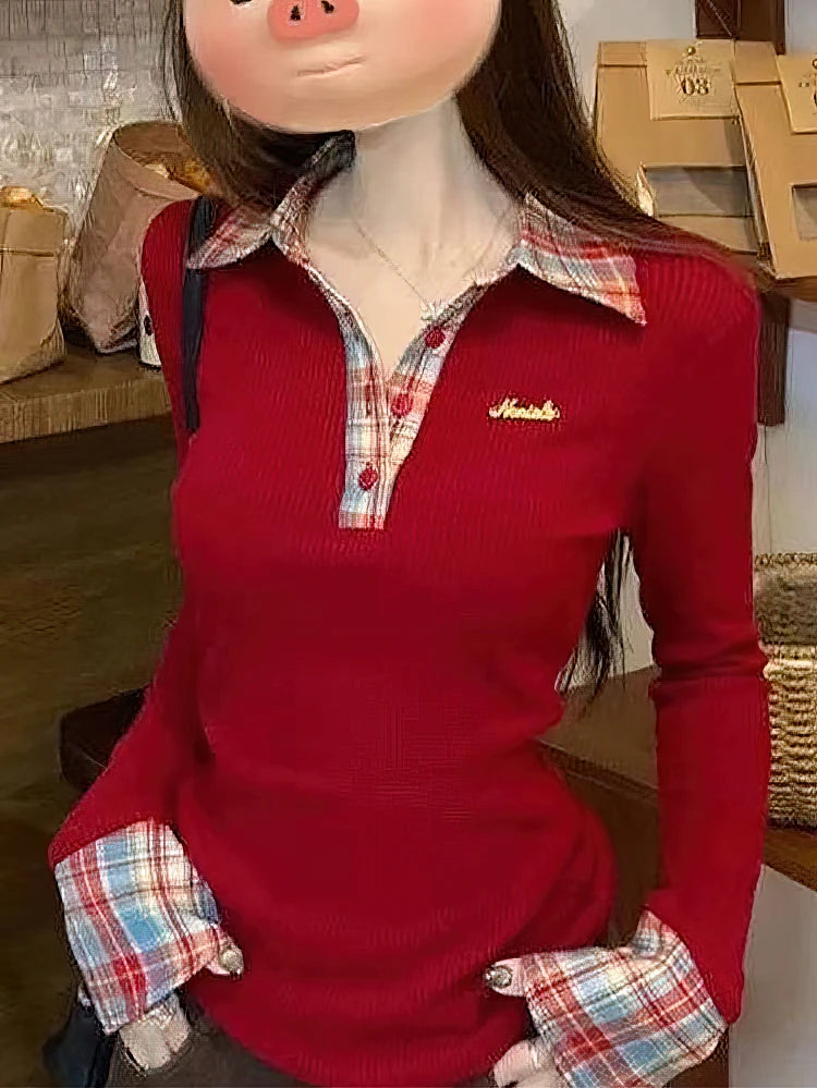 Preppy Polo Neck Knit Long sleeve T shirt Women False 2 Piece Korean Fashion Plaid Top V neck Basic Blouses Tees 2025 New