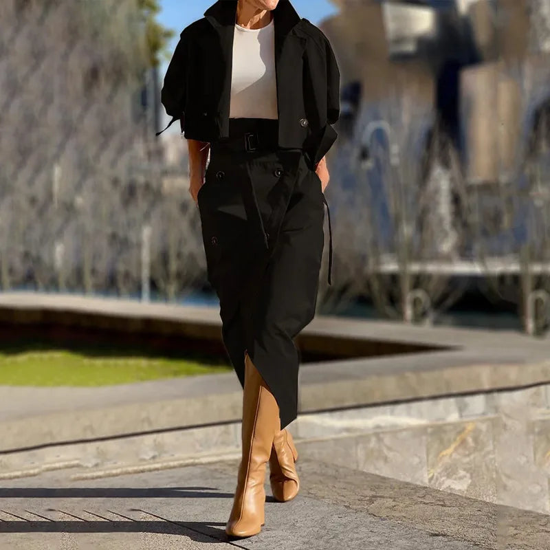Two Piece Set Women Dress Sets Belt Midi Skirts Cardigan Coats Suits A Line Loose Fit Casual Frock Skirt Office Lady Spring