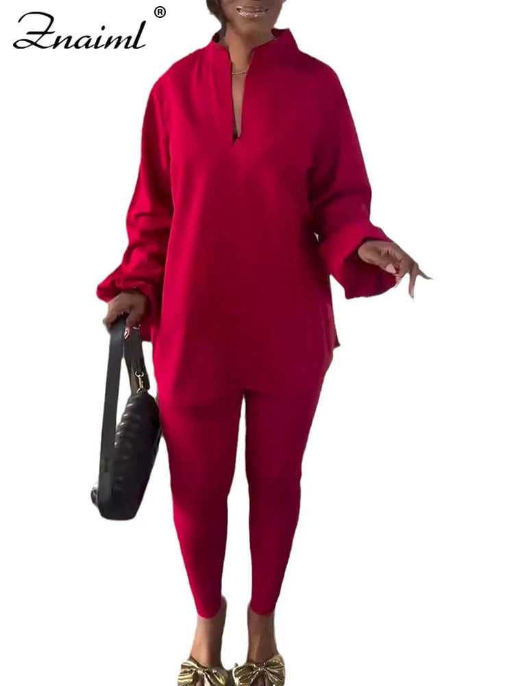 Znaiml Causal Solid Women Two 2 Piece Outfit V Neck Loose Fit Tops and Legging Jogger Pants Matching Sets Streetwear Tracksuits